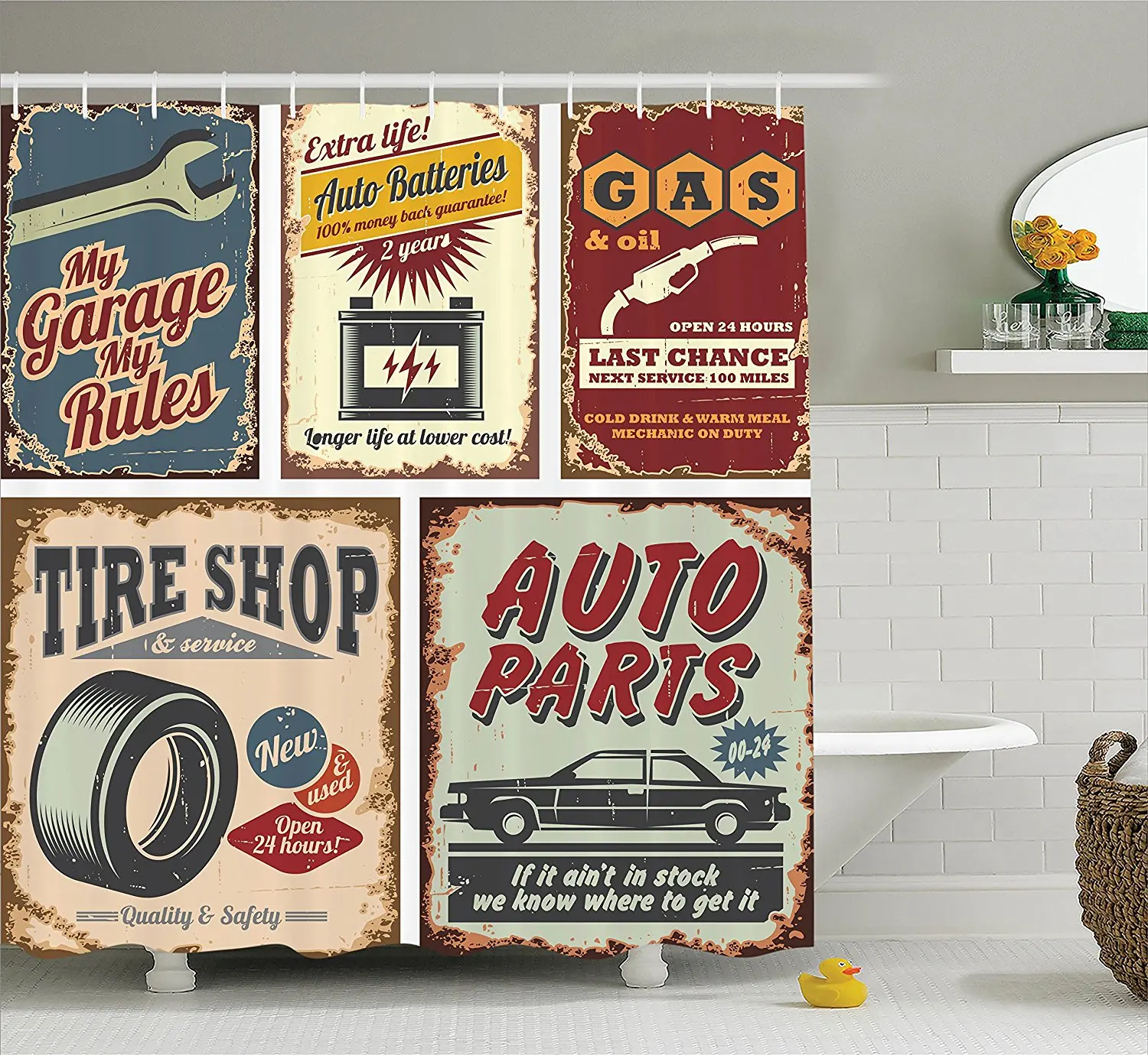 

Memory Home Vintage Car Metal Signs Automobile Advertising Garage Polyester Fabric Bathroom Shower Curtain with Hooks