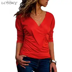 Тонкая футболка сексуальная V образным вырезом с длинным рукавом Осень 2019 г. Лидер продаж Повседневная однотонная Slim Fit пуловер уличная