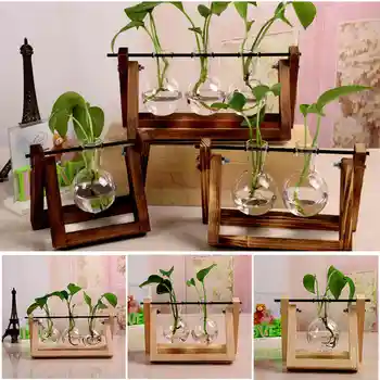 

1pc Glass Flower Pot Transparent Plant Terrarium Glass Vase with Wooden Stand for Home Decoration can CSV