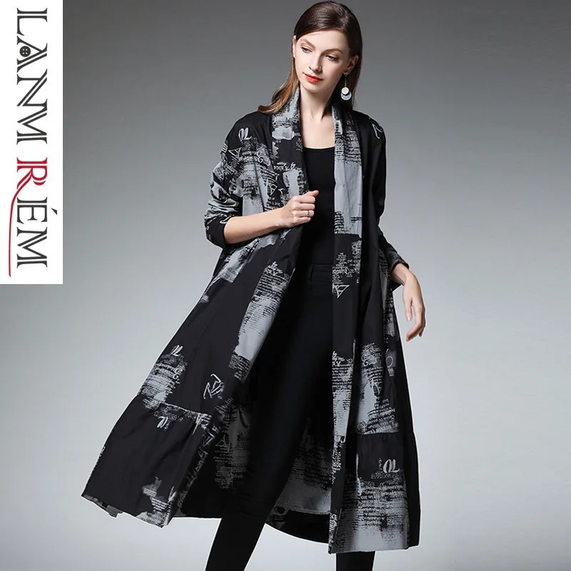 Type Femme Personnalité Cardigan Grande Chemise Long Impression Taille Nouvelle Robe Lanmrem Yg50901 Black 2019 Manches Mode De Longues À Printemps 4wqASwxBzg