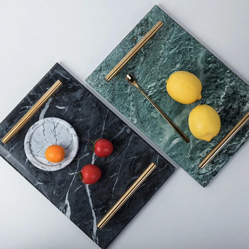 

Marble Serving Tray dishes plates with gold handle bread cheese plate board natural marble plate