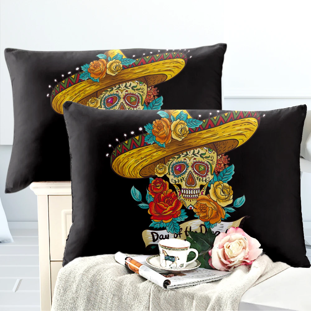 Boho Golden Skull With Straw Hat Pillowcase Flowers Print Pillow Case