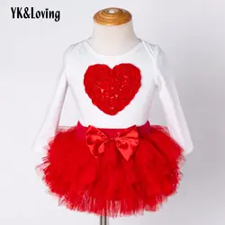 YK & Loving/комплекты с юбкой на День святого Валентина для малышей, одежда для девочек, одежда в форме сердца, расшитая красная одежда для