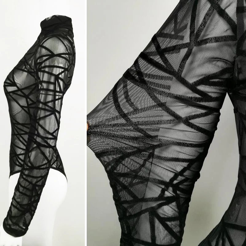 ADEWEL Black Mesh Geometric Velvet Woman Bodysuit Long Sleeve Ladies Rompers Lace Bodysuit Top Macacao Body Feminino Jumpsuit