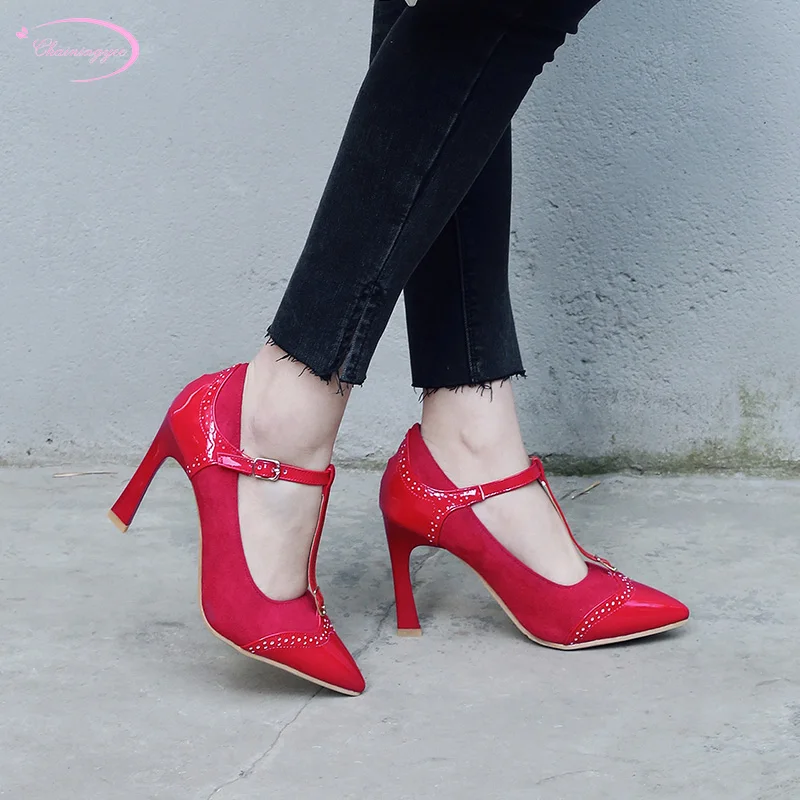 

Japanese sweet style pumps sexy pointed toe fashion belt buckle nubuck beige red black thin high heels women's shoes