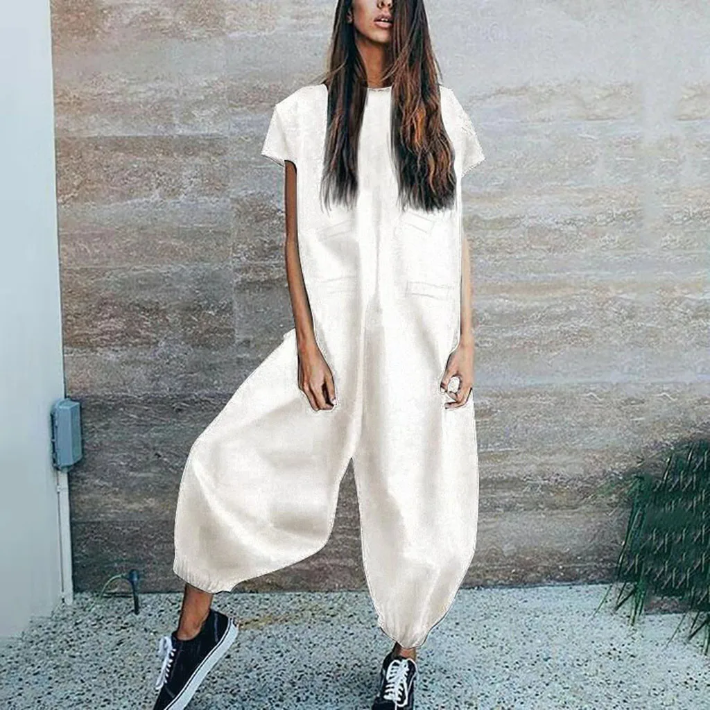 

Baggy Jumpsuits Harem Rompers Loose Streetwear Women Overalls Jumpsuit Short Sleeve Summer Long Girl Overall Romper Back Zipper