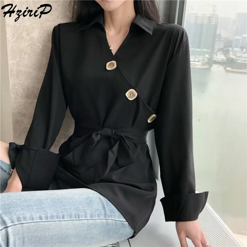 

HziriP Elegant Retro Casual Waist-Controlled Thin Summer Loose Vintage Women Lace Up Sweet Solid Shirts