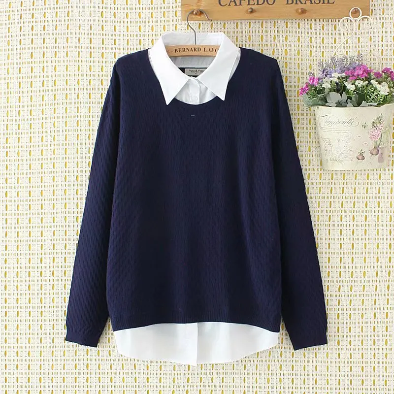 

Plus size turn-down collar pullovers knitting Autumn patchwork women sweaters 2018 casual Two false pieces ladies pull femme