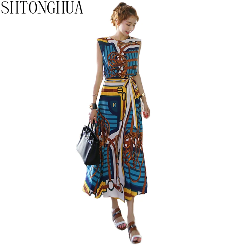 

SHTONGHUA 2019 New Spring Autumn Women's Sleeveless Runway Print Shirt + Long Skirts 2 piece Female bow tie Skirt Suits