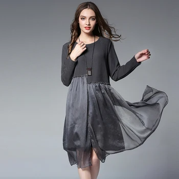 

Winter Autumn Women Loose Sweater Dresses2017 Long Sleeve chiffon patchwork Vintage Dress Female Casual Basic Dress All Match