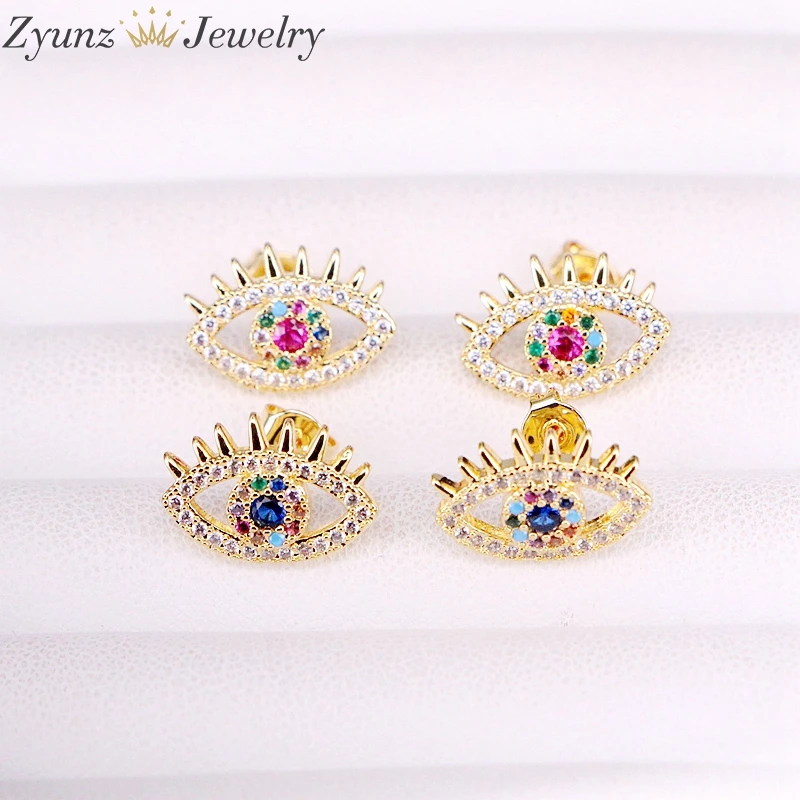 10 пар, золотые разноцветные радужные cz серьги тонкой работы в форме глаз cz микро проложить турецкие серьги-гвоздики для женщин