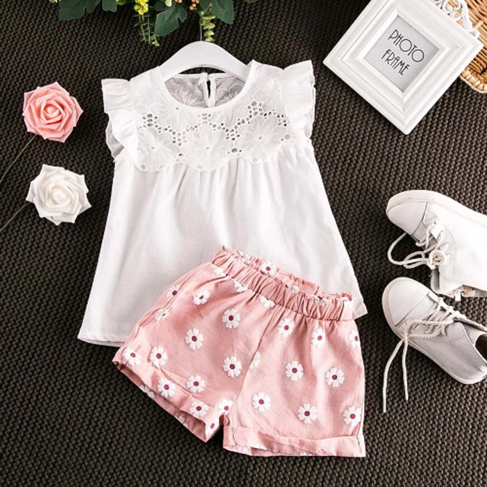 

Summer Kids Baby Set Girls Sweet Flowers White Flying Sleeve T-Shirt + Printed Pink Shorts Girls Two Piece Set Y-NEW