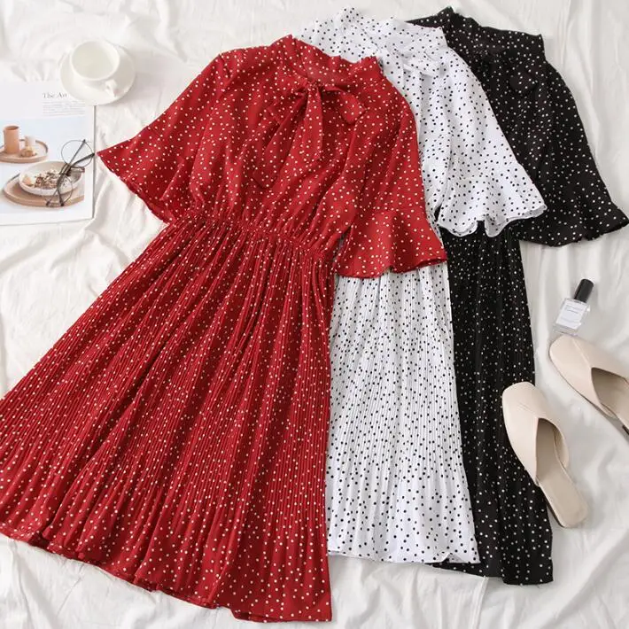 

2019 Spring Summer Women Polka Dots Pleated Dress Bow tie Neck Vintage Printed Dress Women Chiffon Dress