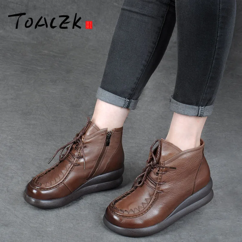 

New autumn winter female boot thick bottom muffin Martin boot cowhide of retro slope heel short boot recreational belt boot