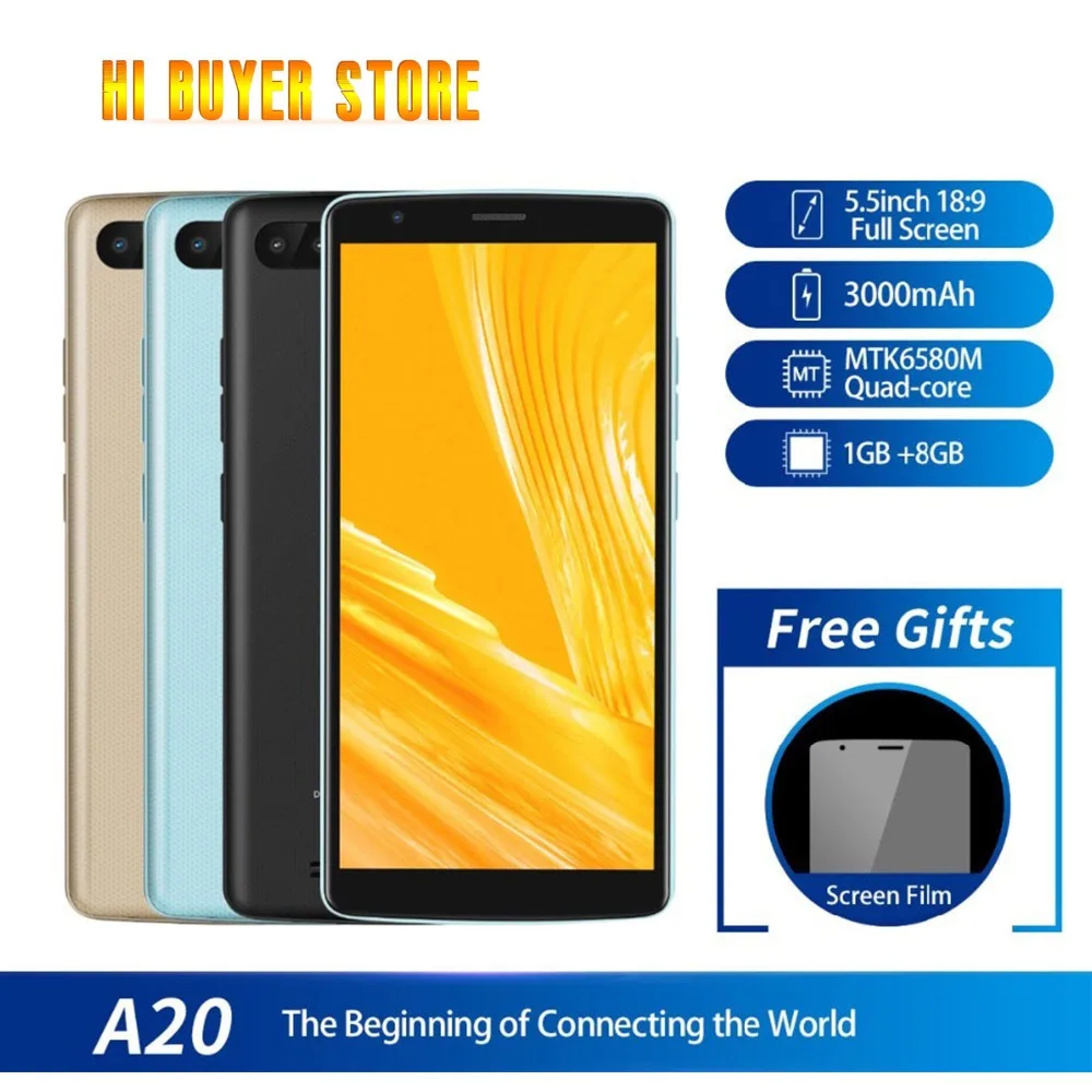 

Blackview A20 Smartphone 1gb Ram 8gb Rom Mtk6580m Quad Core Android Go 5.5inch 18:9 Screen 3g Dual Camera Mobile Phone