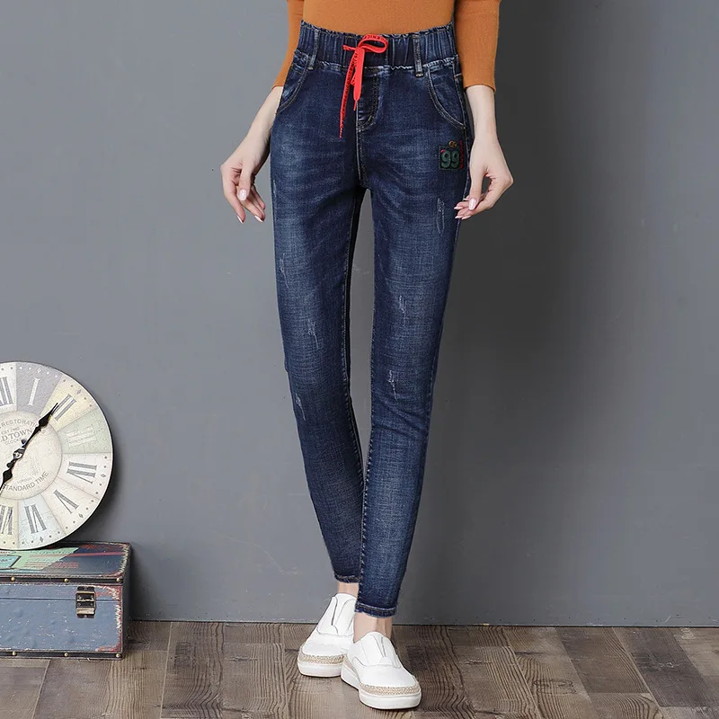 Dark blue Узкие джинсовые брюки с высокой талией джинсы с эластичной резинкой на талии длинные джинсы весна осень винтажные джинсы женские повседневные узкие брюки - Цвет: Dark blue