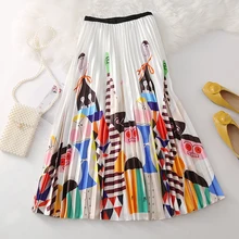 Плиссированные юбки женские осенние женские с принтом из мультфильмов Saia Midi A-Line эластичный с высокой талией Moda Mujer Женская юбка до середины икры