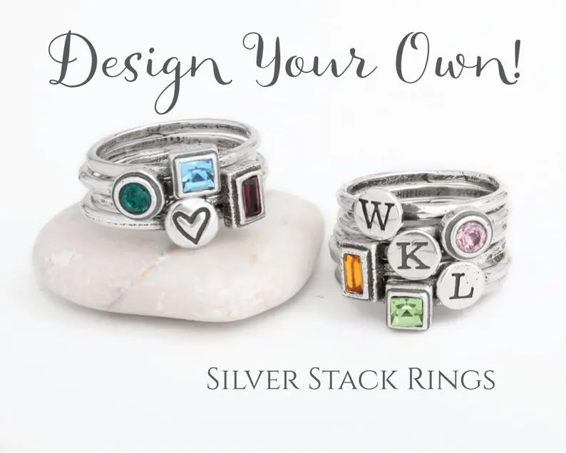 

Stackable Rings Design your own silver stack birthstone and initial ring set Mix Rings with Birthstones and initials