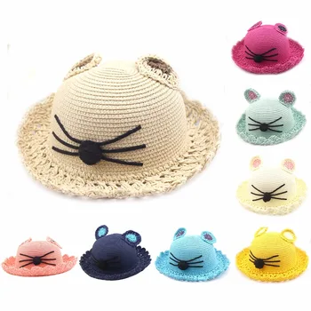 

Cute Kids Straw Hat Panama Handmade Boys Girls Caps Summer Baby Sun Hats With Ear Photography Props Cat Children Sun Cap 2-6Y