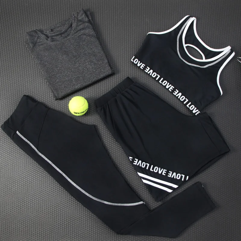 

New Women Yoga Set Breathable Letter Patter Gym Clothing Black Round Neck Shrits+Sport Bra+Pants+Shorts 4 Pcs Sport Suit Fitness