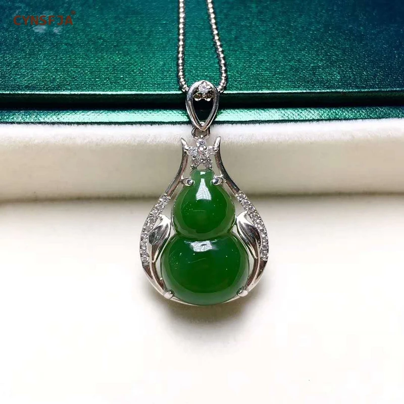 

Certified Natural Hetian Jasper Inlaid 925 Sterling Silver Lucky Gourd Jade Pendant Green Hand Carved High Quality Best Gifts