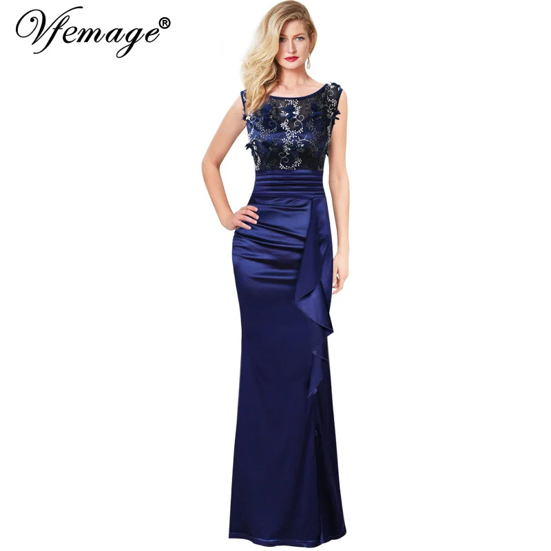 

Vfemage Womens Embroidery Ruched Ruffles High Slit Formal Evening Wedding Party Mother of Bride Special Occasion Maxi Dress 290