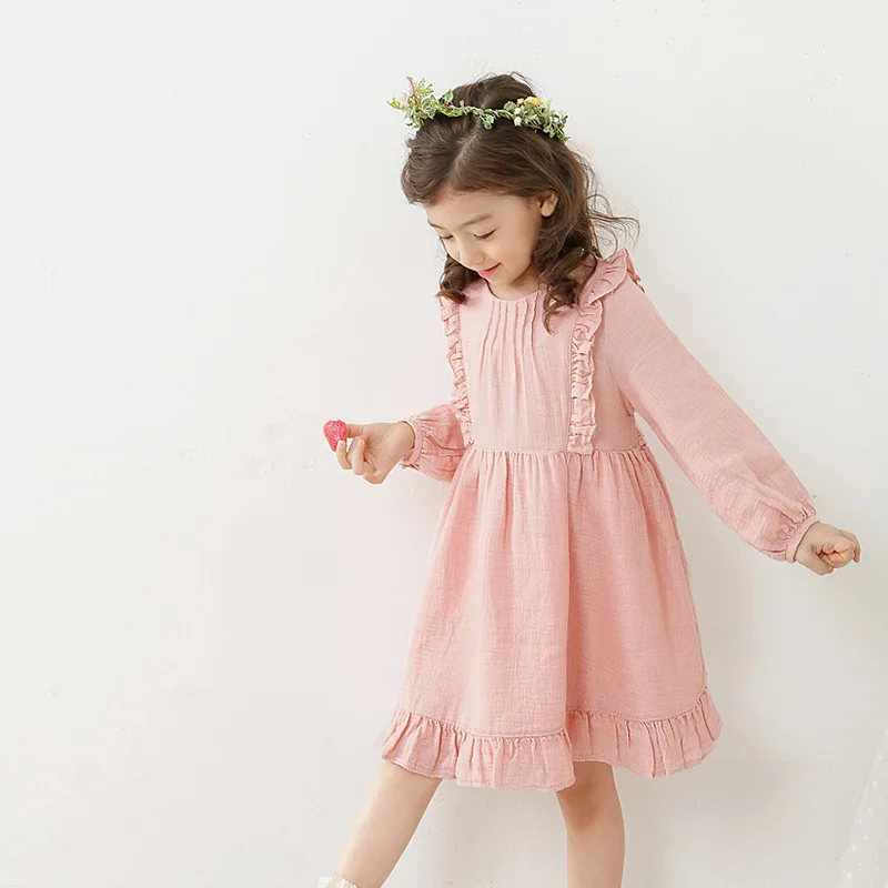 New Arrival Korean Autumn Fall Girls Dress Sweet Pink Long Sleeved Children Clothing For Kids Casual