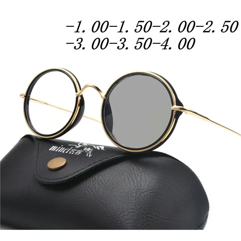 Круглые солнечные фотохромные очки для мужчин и женщин, очки для близорукости, оправа с черными линзами, солнцезащитные очки, оптические очки для близорукости FML - Цвет оправы: black gold -350