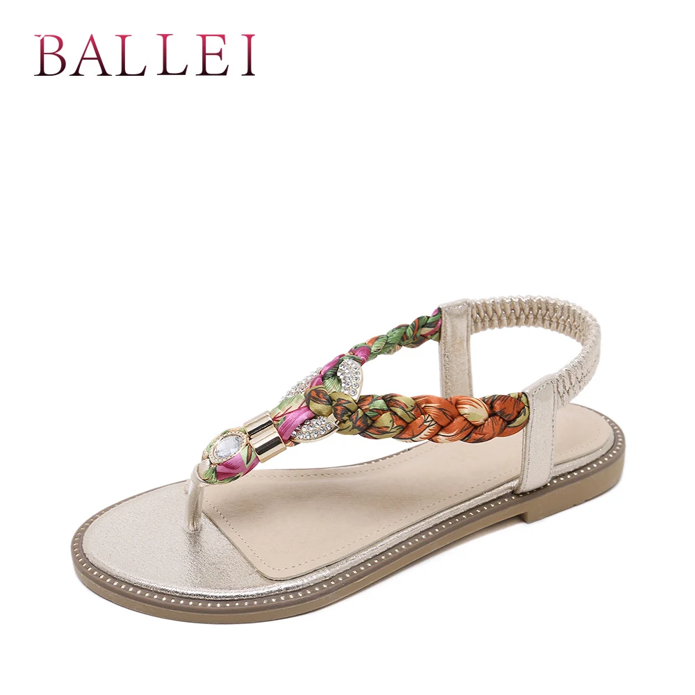 

BALLE Elegant Lady Summer Sandals Handmade PU Colorful Diamond Decoration Retro Soft Low Heel Shoes T-strap Fashion Sandals S34