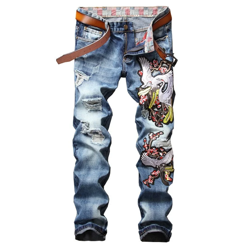 Men's Flower Design Patches Embroidered Jeans Men Casual Snake Pattern ...