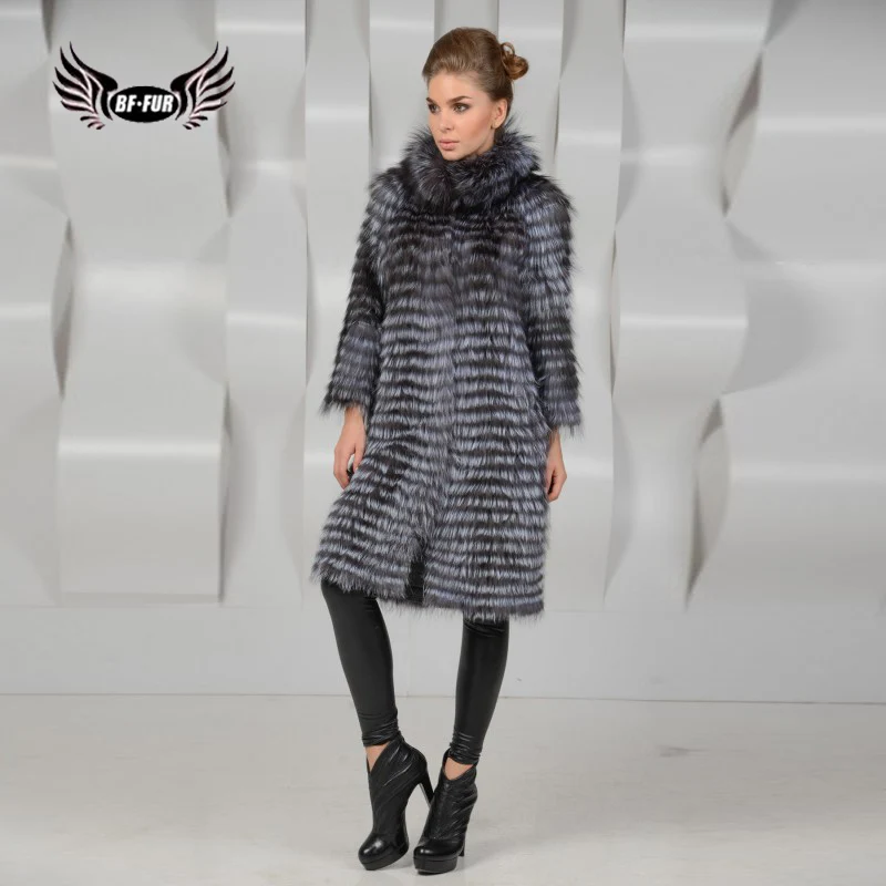 

BFFUR Women Clothing 2018 New Fashion Style Genuine Natural Silver Fox Fur Long Coat Super Thick Warm Animal Winter Fur Jacket