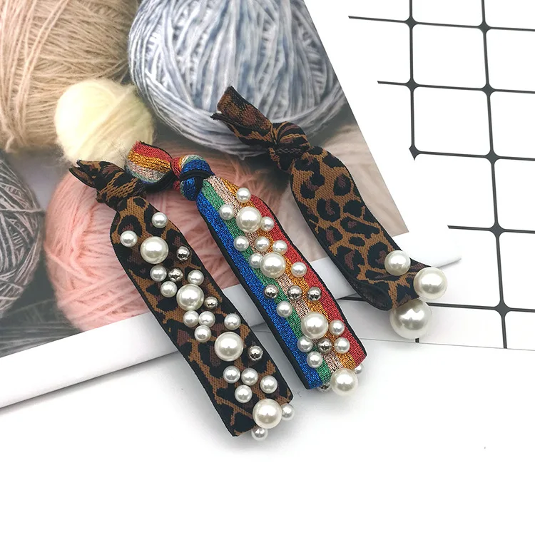 

Women Hair Band For Ladies Headbands Hair Accessories Elastic Hair Rope Leopard Pearl With Knotted Rainbow Scrunchies