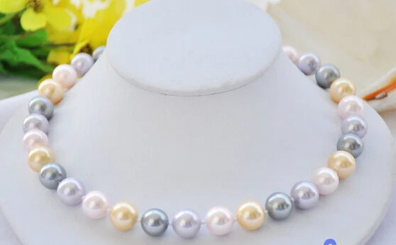 

FREE SHIPPING 17" 12mm round GRAY PURPLE YELLOW SOUTH SEA SHELL PEARL NECKLACE