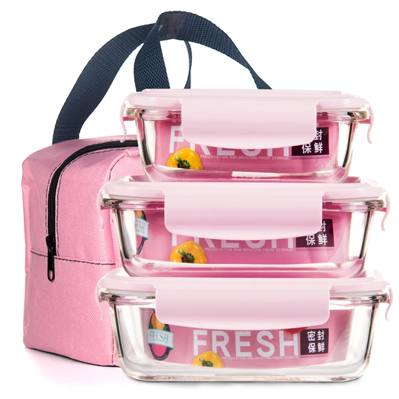 3Pcs/set Portable Food Container Glass Lunch Box With Bag School Microwave Heating Bento Box