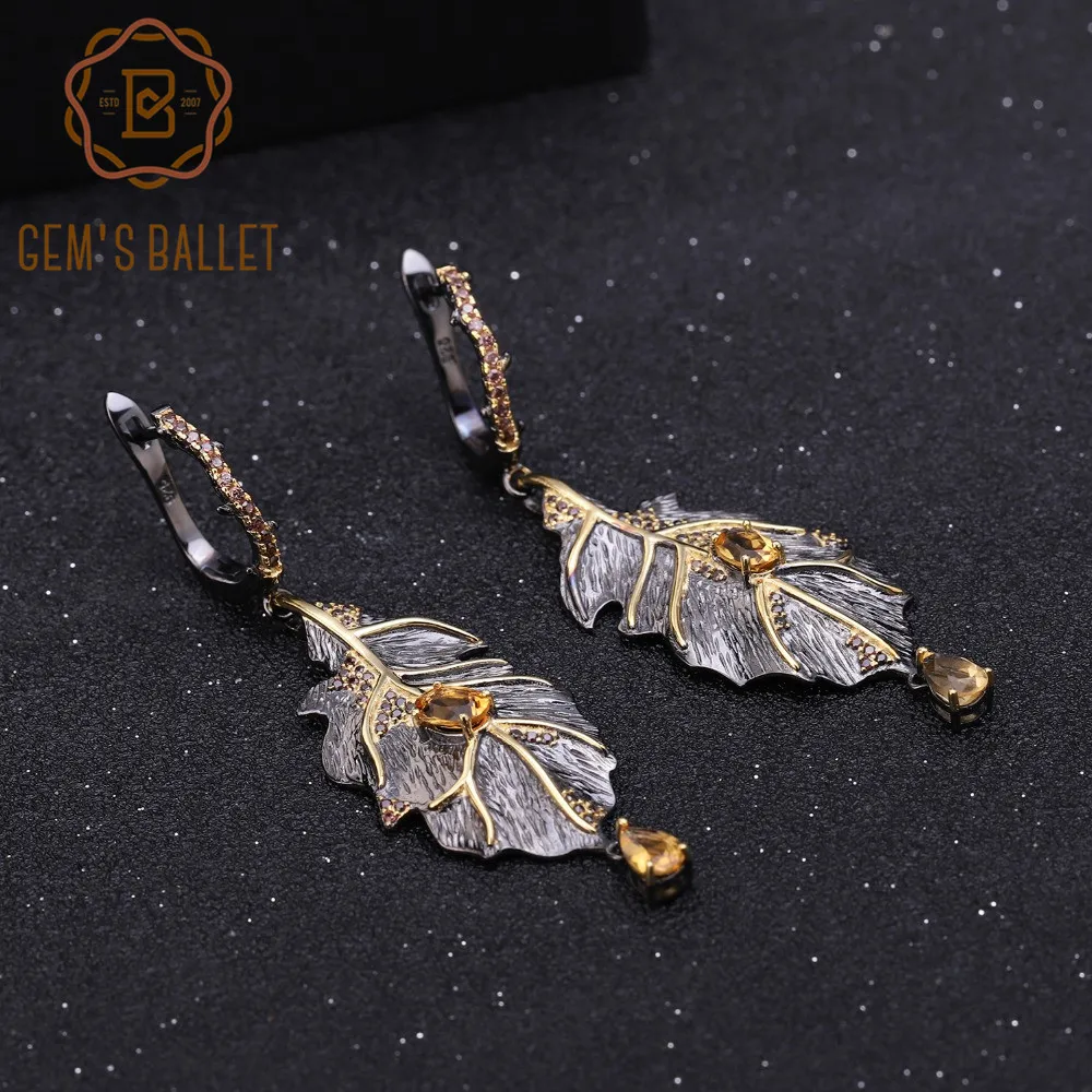 

GEM'S BALLET 0.97Ct Natural Citrine 925 Sterling Silver Handmade Monstera Leaves Drop Earrings for Women Bijoux Georgia O'keeffe