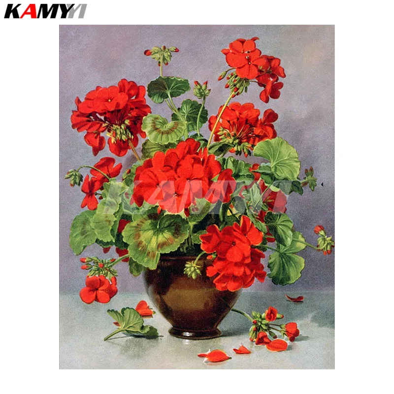 Needlework DIY Diamond Painting Cross Stitch Geranium in a Vase Diamond Embroidery Beads Crystal Round Rhinestone Mosaic Picture_