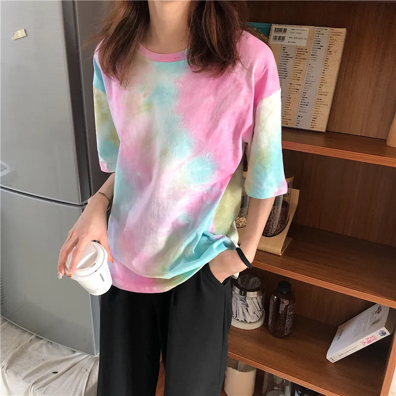 CBAFU tie dye футболка женская летняя топ Корейская одежда Повседневная Свободная футболка femme ulzang топы с принтом Лоскутная футболка D559