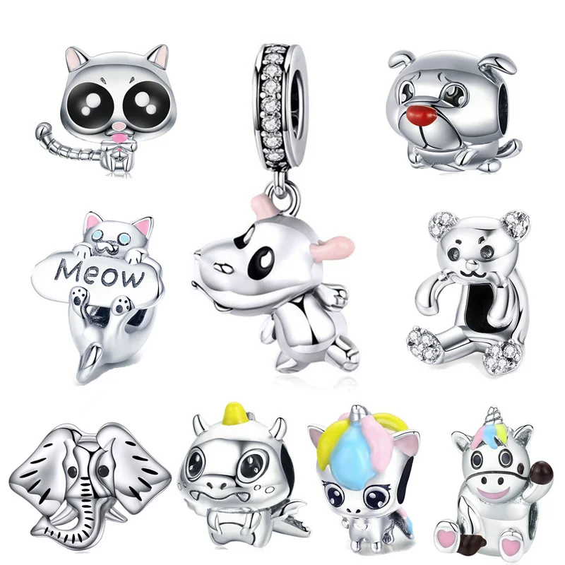

INBEAUT fit Pandora Bracelet Silver Original 925 Pink Cat Dog Unicorn Charms Little Devil Elepant Bear Paw Beads Jewelry Making