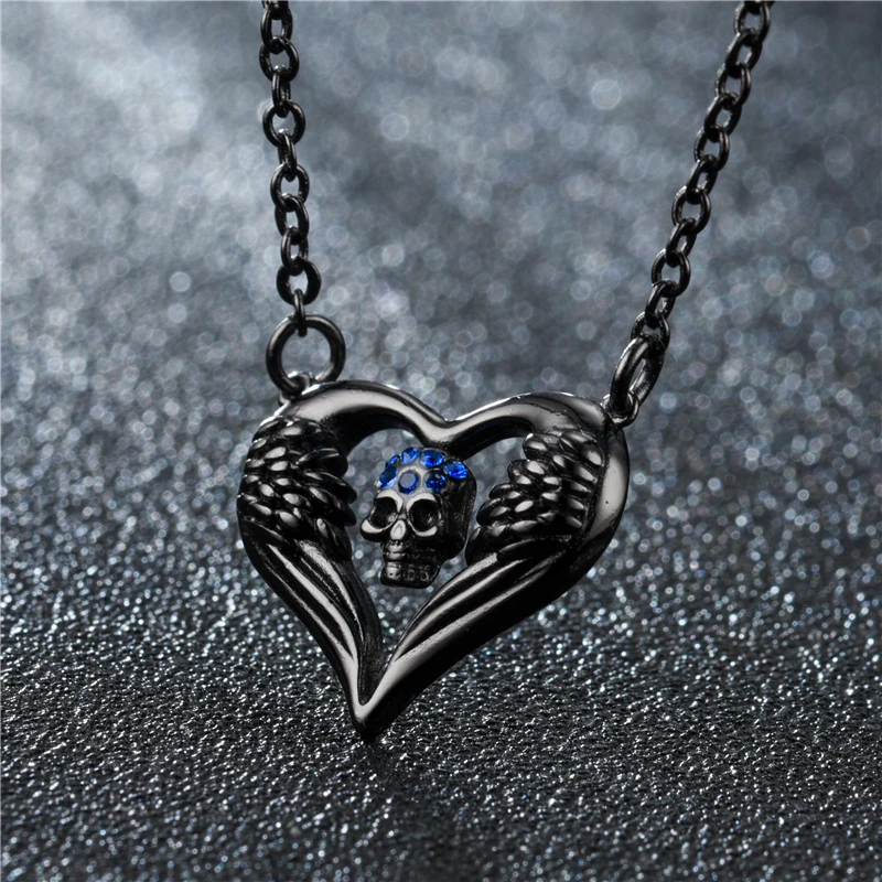 Ангел сердце Мода Панк женский череп кулон кристалл черное Серебрянное ювелирное ожерелье дропшиппинг