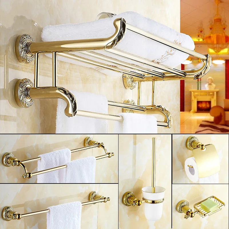 

European Copper Golden Carved Bathroom Hardware Set Wall Mount Bathroom Accessories Set
