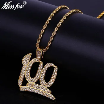 

MISSFOX Hip Hop Women Men Initial Charm Pendants Rock Jewelry Gift Number 100 Letter Harf Bling Men Long Nameplate Necklace
