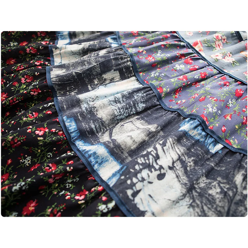 Летняя хлопковая льняная винтажная плиссированная Женская длинная юбка с цветочным узором/пасторальный стиль, женские макси юбки