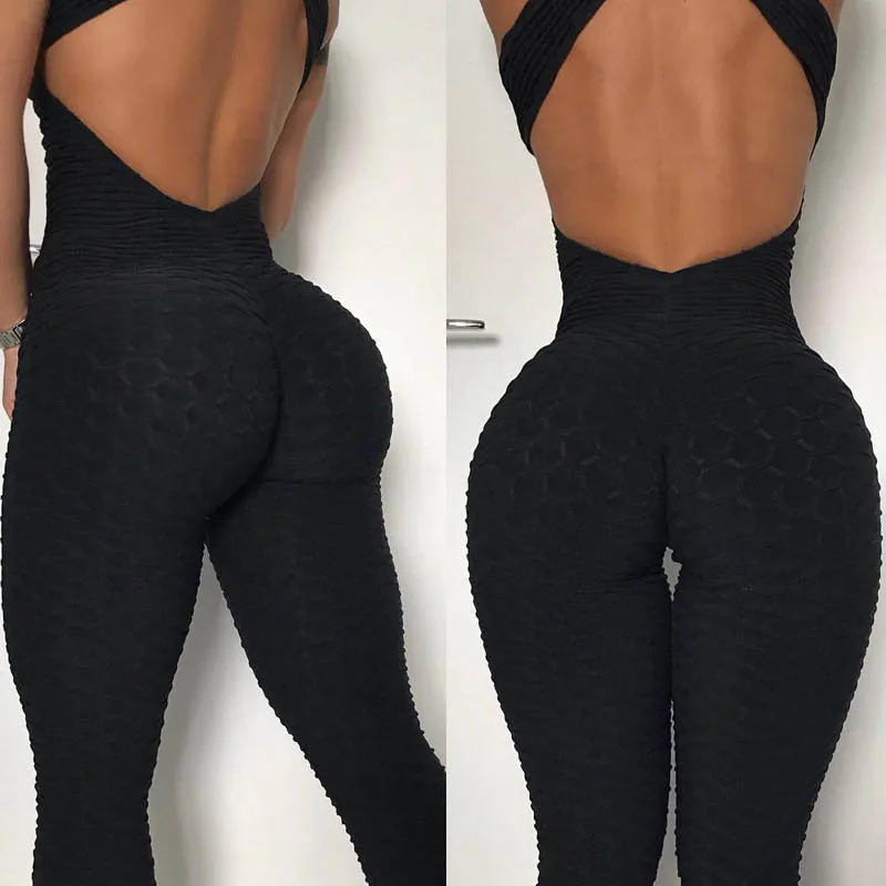 Women Fitness Jumpsuit Fluorescent Backless Sleeveless Bodycon Tight Pants NGD88 - Цвет: Черный