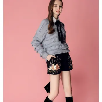 

Women Fashion Tassel Sweaters and Shirts and Sequined Shorts Solid Three Pieces Set Batwing Sleeve Loose Casual Suits