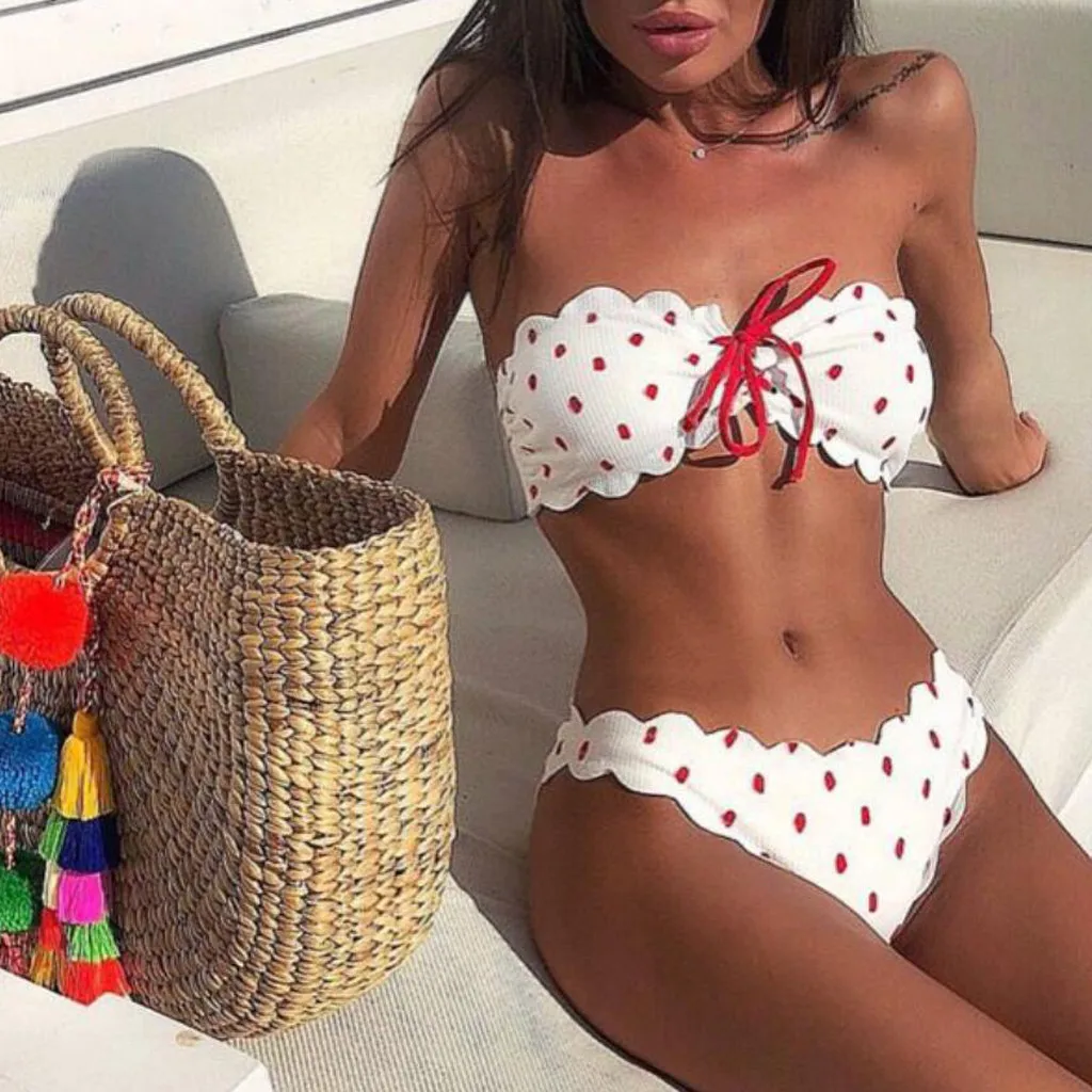 

2019 New Polka Dot Sexy Bikini Women Bandeau Push Up swimwear Summer Beachwear Swimsuit Female Print Bikini Set Bathing Suit