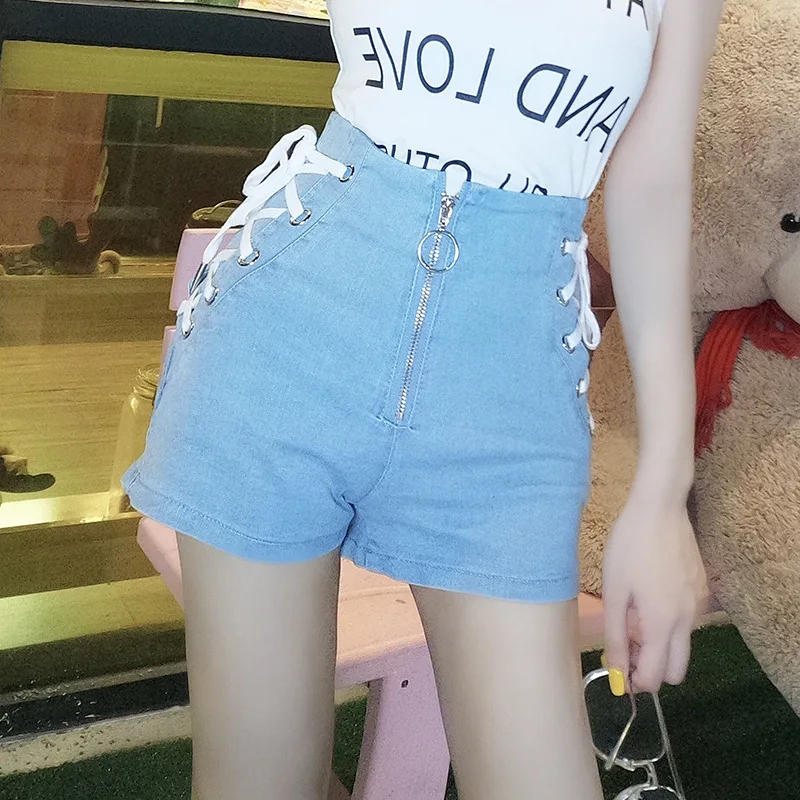 Джинсовые шорты женские с высокой талией на шнуровке тонкие широкие брюки 2019