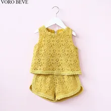 VORO BEVE Enfants Filles Ensemble 2017 D’été Vêtements Bébé Filles costume dentelle pur couleur T Shirt et courte Enfants Fille Vêtements bébé ensemble