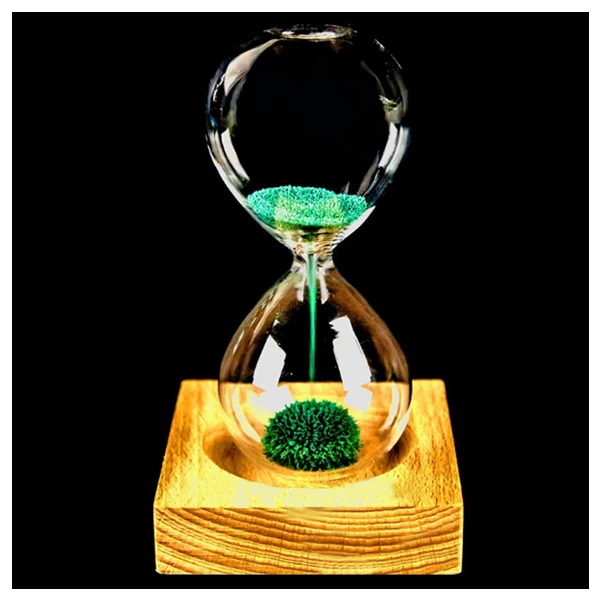 Hot Sale wood+ glass+ iron powder sand iron flowering magnetic hourglass with packaging hourglass 13.5* 5.5cm wooden seat 8