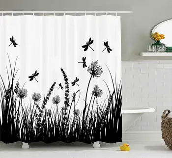 

Nature Shower Curtain, Grass Bush Meadow Silhouette with Dragonflies Flying Garden Plants Display, Bathroom Decor