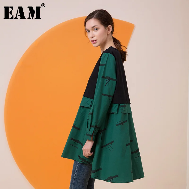 

[EAM] 2019 New Autumn Winter Lapel Long Sleeve Black Loose Hit Color Striped Irregular Stitch Shirt Women Blouse Fashion JQ533